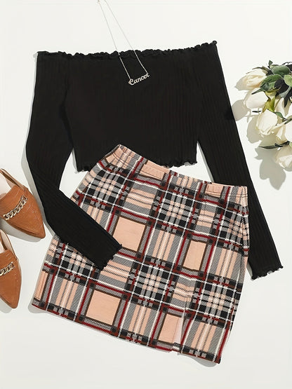 Conjunto de dos piezas para mujer estilo elegante falda a cuadros y top con hombros descubiertos para salidas primaverales y estivales