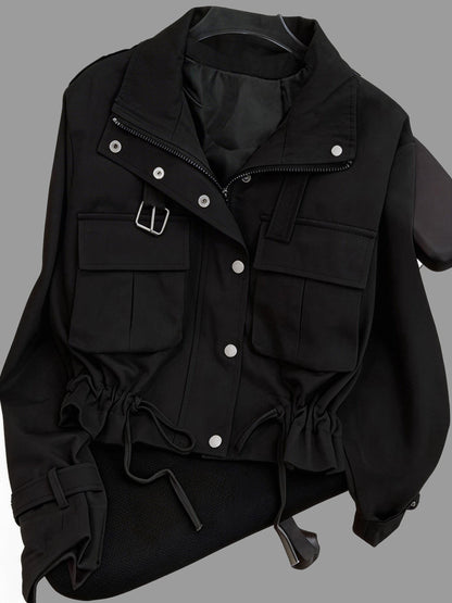 Veste Courte Cargo pour Femme à Boutons et Ceinture Boucle Couleur Unie