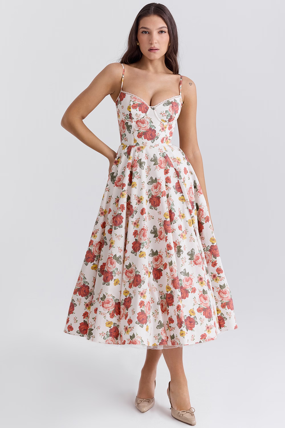 Robe de soirée élégante femme style princesse bustier jupe midi évasée