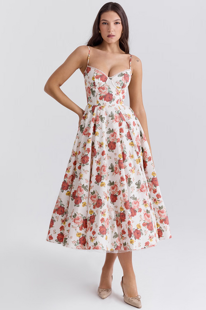 Robe de soirée élégante femme style princesse bustier jupe midi évasée