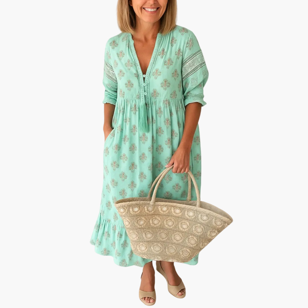 Robe mi-longue bohème pour femme, style décontracté avec imprimé et poches