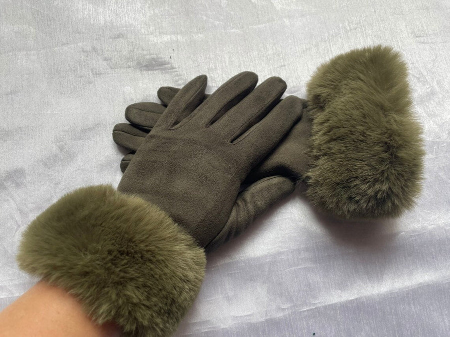 Gants Femme Hiver Aspect Suédé avec Bordure Fausse Fourrure Rose Poudré