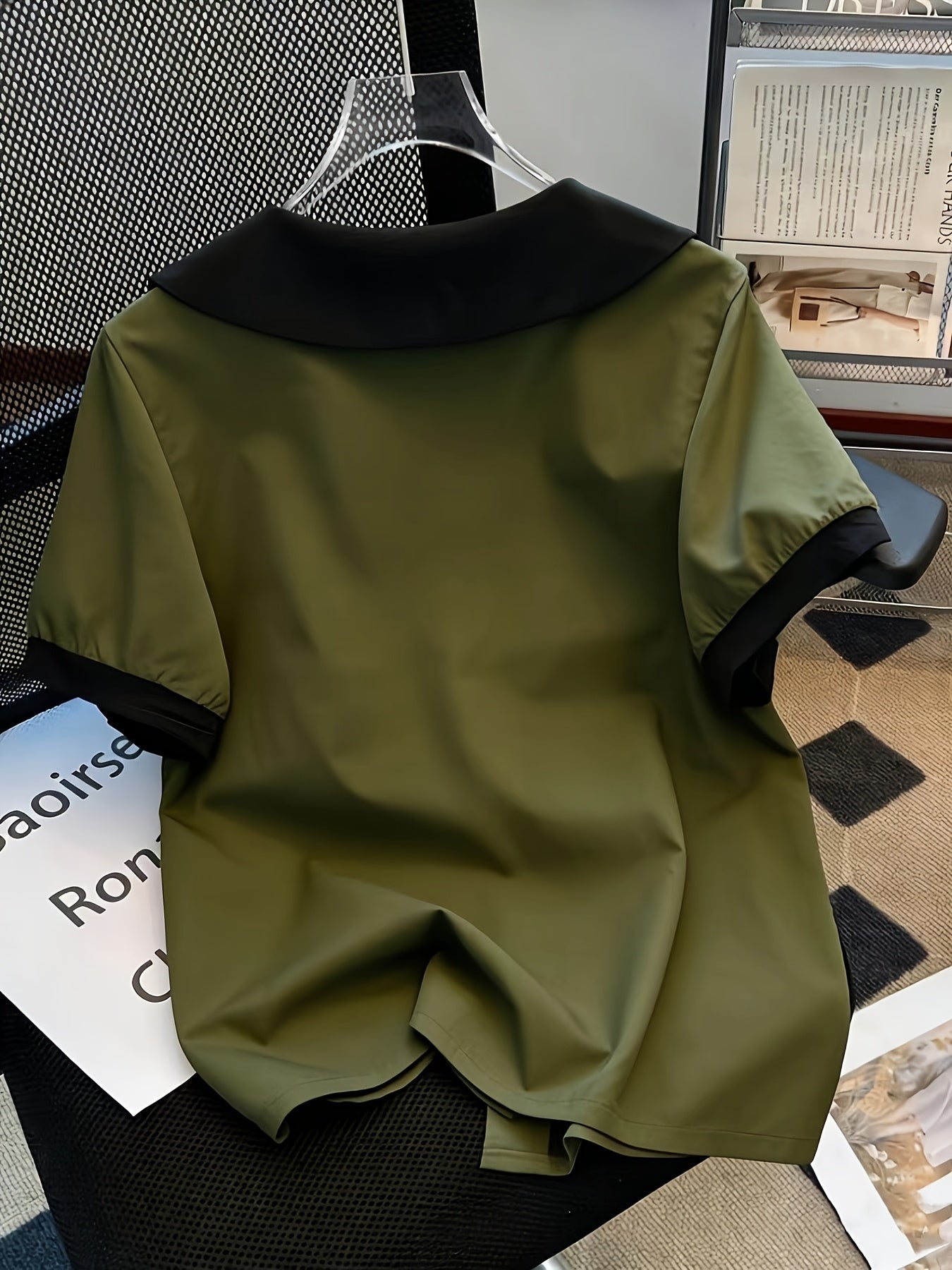 Blusa elegante para mujer con cuello Claudine estilo retro, mangas cortas, ideal para la oficina o salidas