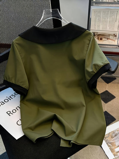 Blusa elegante para mujer con cuello Claudine estilo retro, mangas cortas, ideal para la oficina o salidas