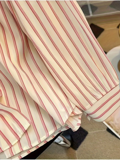 Chemise rayée femme à manches longues avec fausse écharpe nouée devant