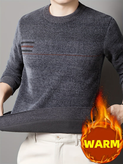 Pull Homme Col Rond Tricoté Maille Texturée Rayures Poitrine Manches Longues