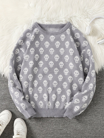 Pull col rond à motif têtes de mort en tricot doux