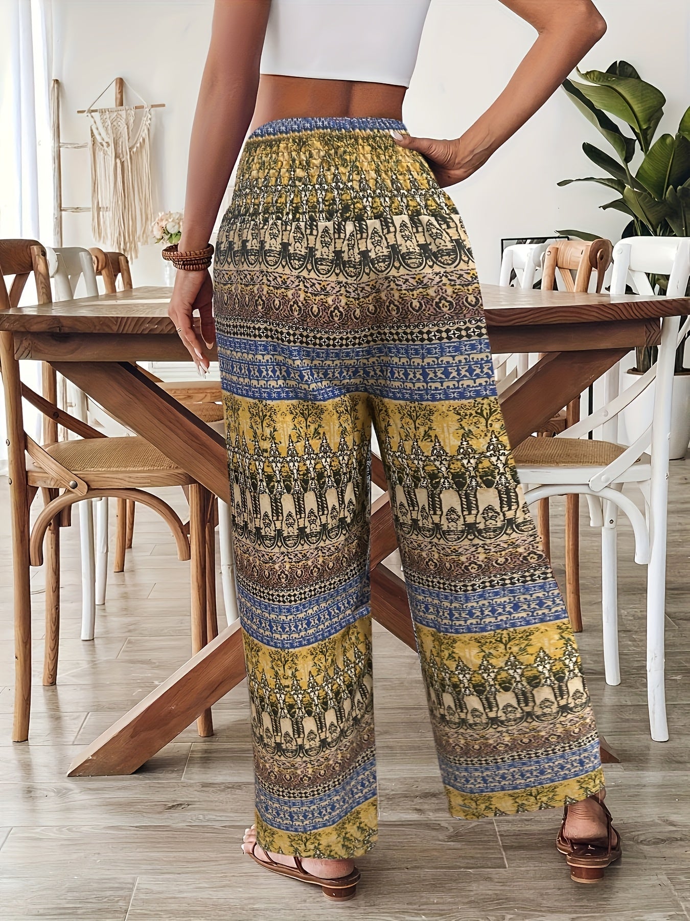 Pantaloni larghi stile bohémien da donna, stampa geometrica, vita elasticizzata, ideali per vacanze e estate