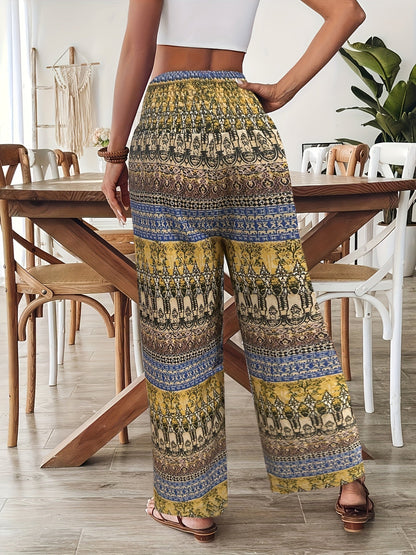Pantaloni larghi stile bohémien da donna, stampa geometrica, vita elasticizzata, ideali per vacanze e estate