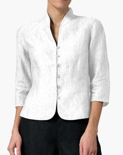 Chaqueta elegante para mujer estilo moderno con cuello alto y mangas tres cuartos para oficina y ocasiones formales