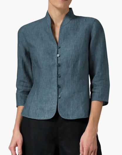 Chaqueta elegante para mujer estilo moderno con cuello alto y mangas tres cuartos para oficina y ocasiones formales