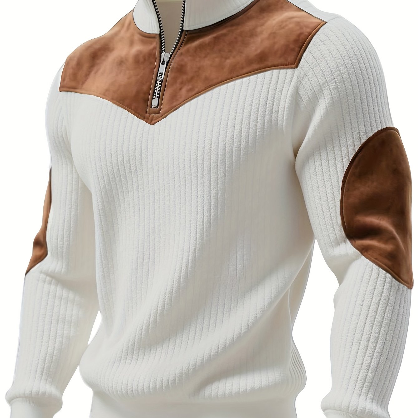 Pull Homme côtelé avec col montant zippé et empiècements suédine