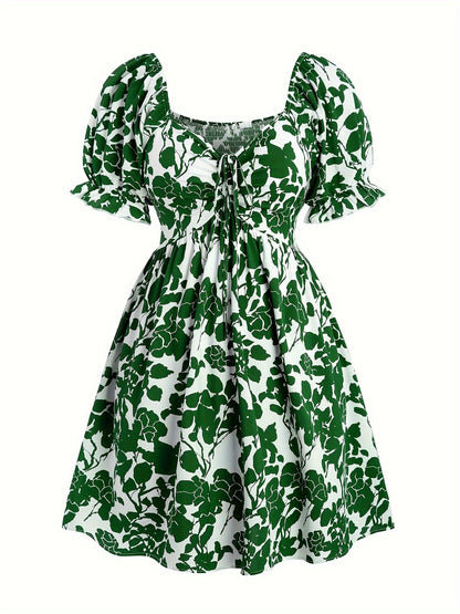 Robe d'été élégante à manches bouffantes pour femme, style floral ample, col en V, idéale pour les vacances