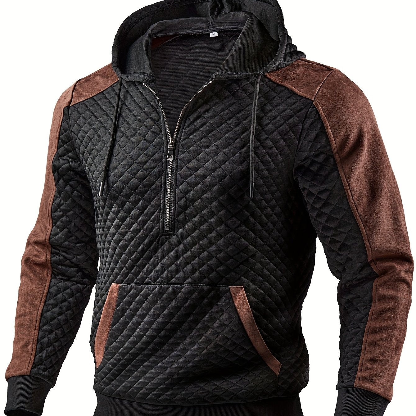 Sweat à Capuche Homme matelassé Noir Marron à Demi-Zip