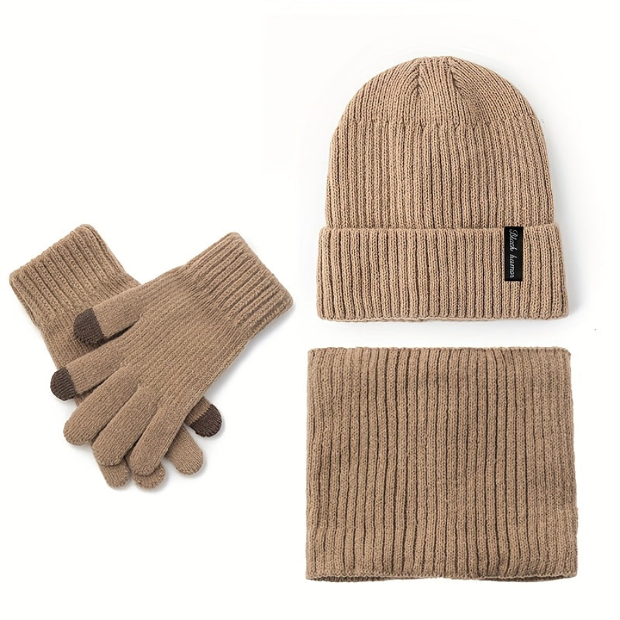 Ensemble Bonnet Écharpe Tour de Cou et Gants Unisexe Tricot Doublé Polaire Hiver
