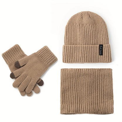 Ensemble Bonnet Écharpe Tour de Cou et Gants Unisexe Tricot Doublé Polaire Hiver
