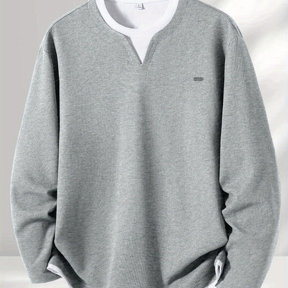 Pull Homme Maille Gaufre Bicolore Col V Manches Longues Gris
