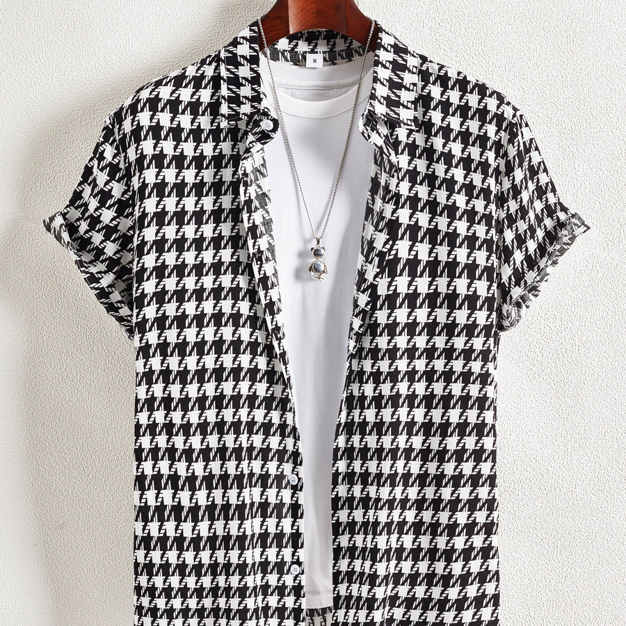 Men's Short Sleeve Resort Shirt with Geometric Print - Casual Urban Style