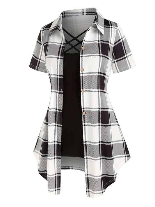 Elegant style long plaid shirt for women, short sleeves, lapel collar, summer