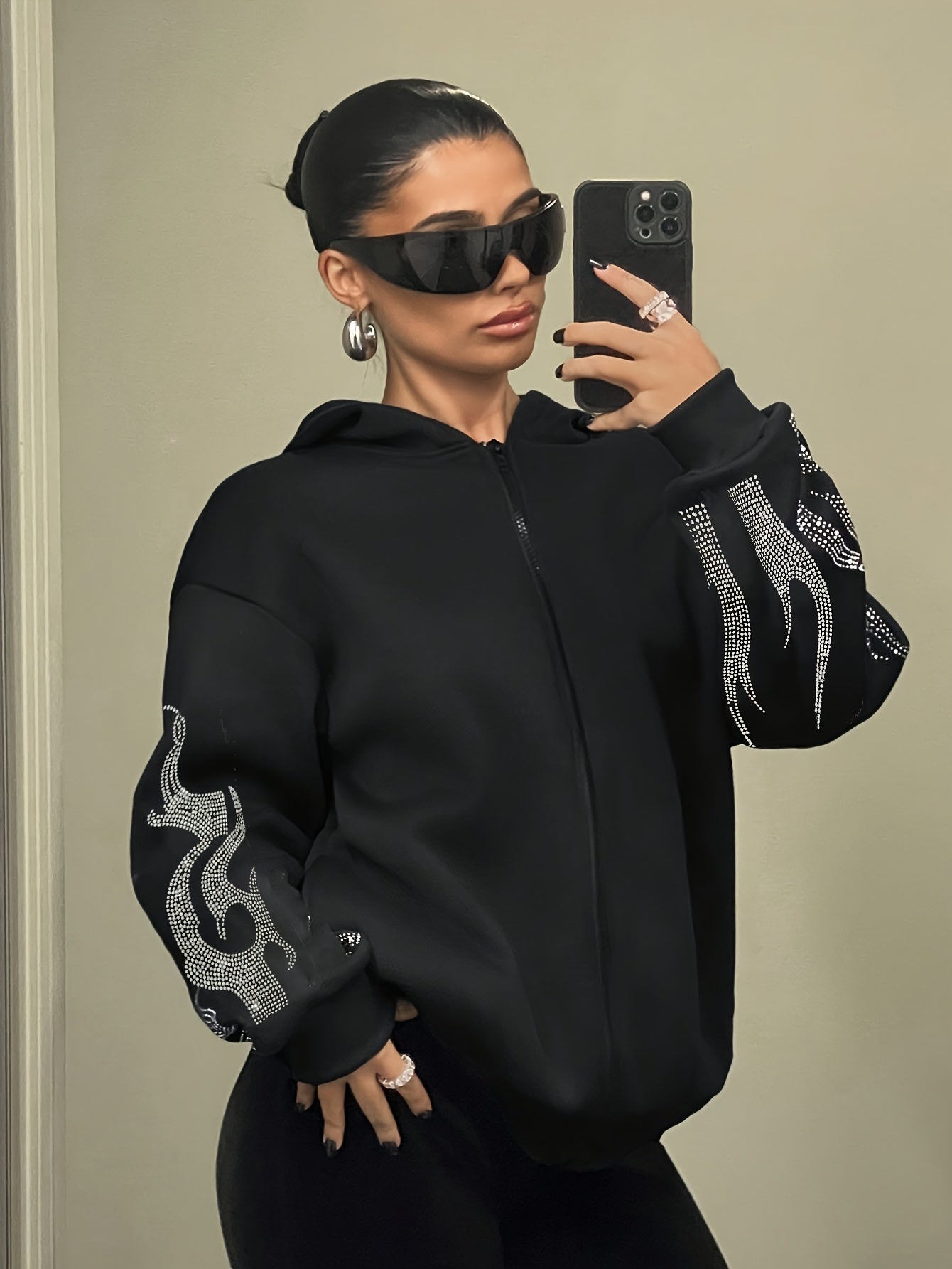Sweat à Capuche Femme Décontracté Noir Flammé Strass Manches Longues