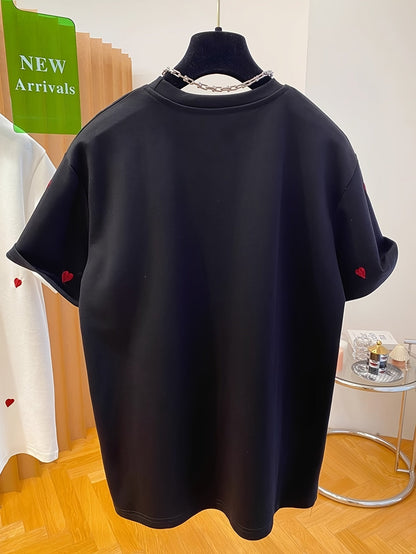 Lässiges Damen-T-Shirt mit gesticktem Herzmotiv, trendiger Stil für den Alltag  