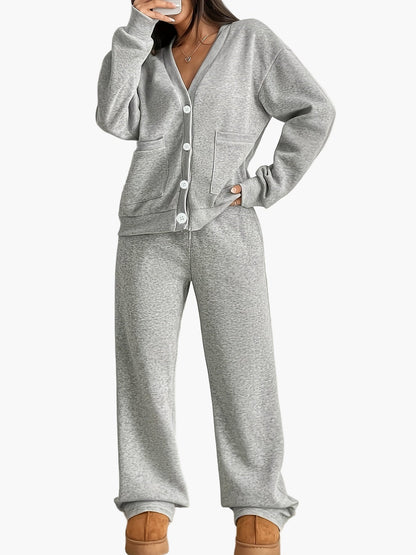 To-delt pyjamas til kvinder i afslappet stil med knapper og lommer, behageligt loungewear til hjemmet