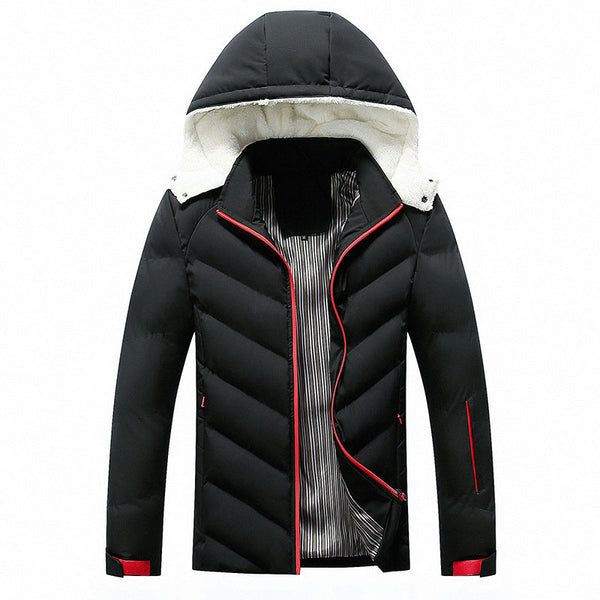 Black men's padded hooded jacket with soft fabric trim