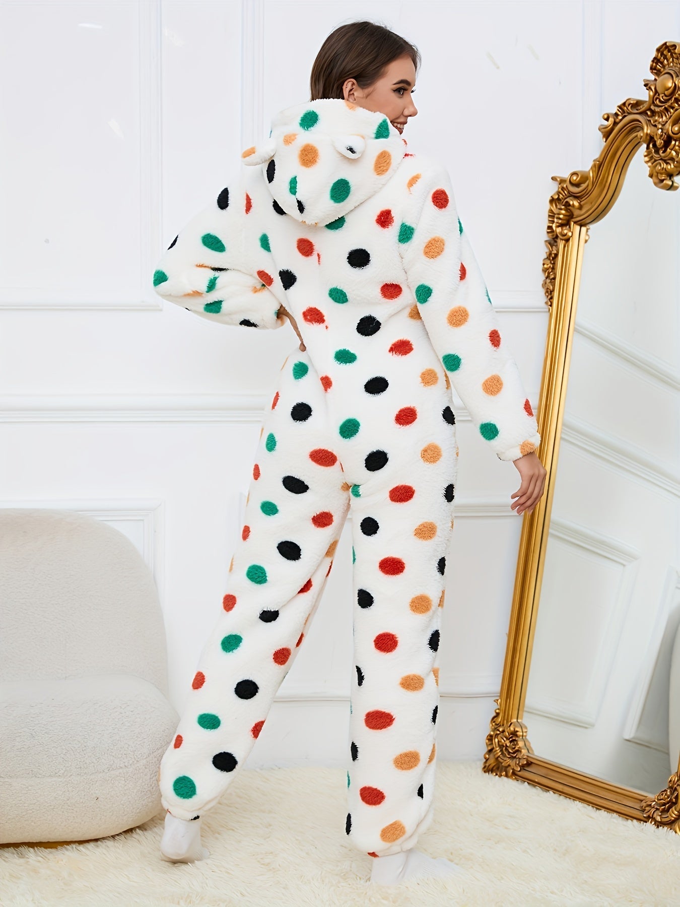 Combinaison Pyjama Polaire Femme à Capuche Ourson ou Pois Colorés Fermeture Éclair