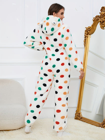 Combinaison Pyjama Polaire Femme à Capuche Ourson ou Pois Colorés Fermeture Éclair