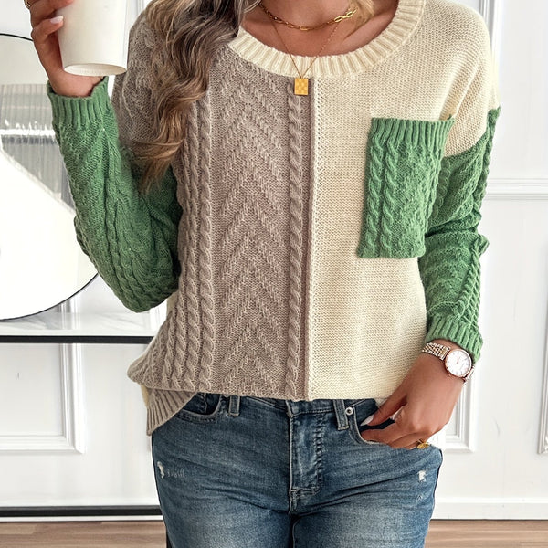 Jersey de punto trenzado bicolor para mujer, crema y verde, con bolsillo de parche