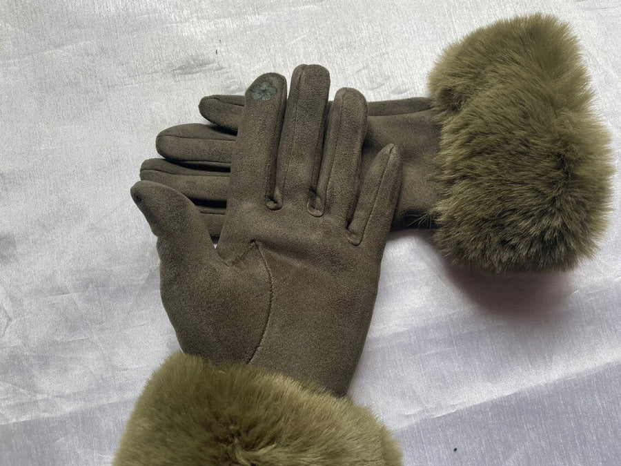 Gants Femme Hiver Aspect Suédé avec Bordure Fausse Fourrure Rose Poudré