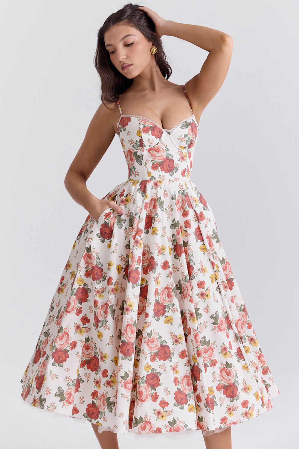 Robe de soirée élégante femme style princesse bustier jupe midi évasée