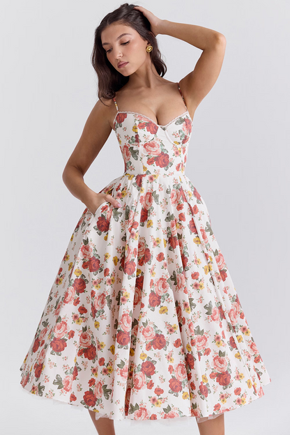Robe de soirée élégante femme style princesse bustier jupe midi évasée