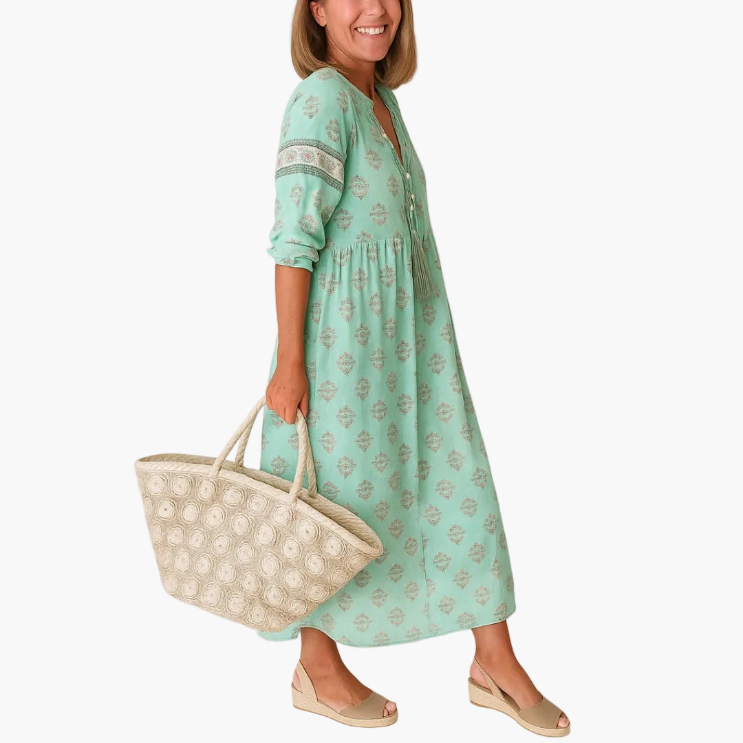 Robe mi-longue bohème pour femme, style décontracté avec imprimé et poches