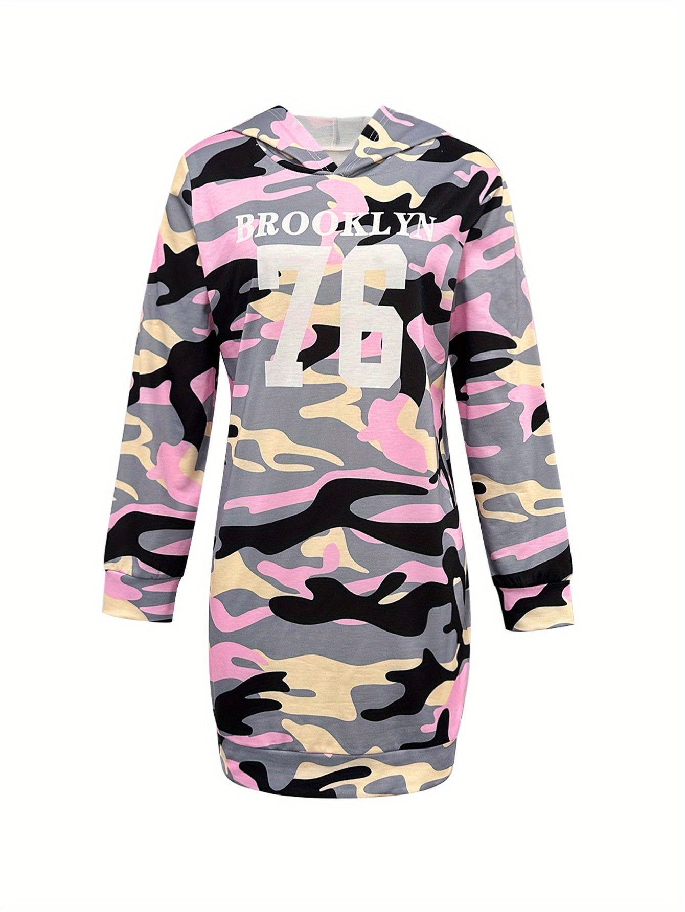 Robe courte sweat à capuche camouflage rose et gris pour femme