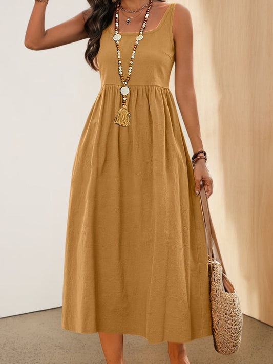 Abito Donna Midi Stile Bohemien con Scollo Quadrato e Senza Maniche per Vacanze