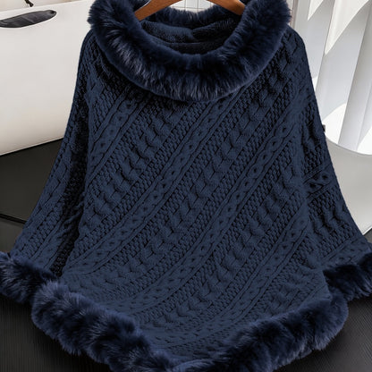 Poncho Femme Tricoté Bleu Marine avec Col et Bordure en Fourrure Synthétique