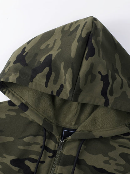 Ensemble survêtement camouflage kaki et noir homme avec veste à capuche zippée