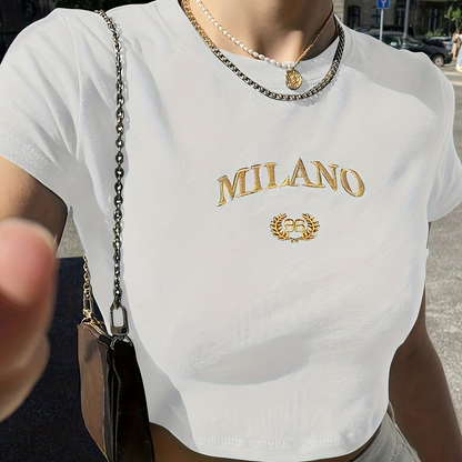 T-shirt court femme style Y2K Milano brodé, tendance été, manches courtes, col rond