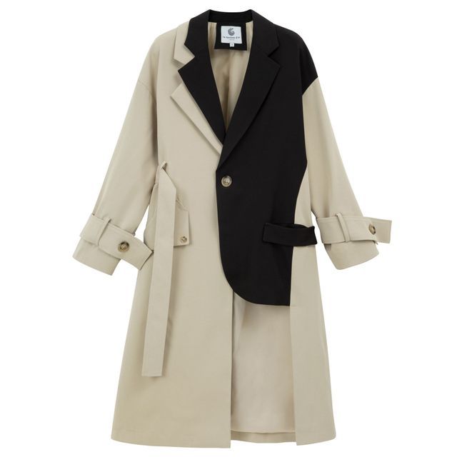 Tweekleurige lange damestrenchcoat in zwart en beige, ruim model