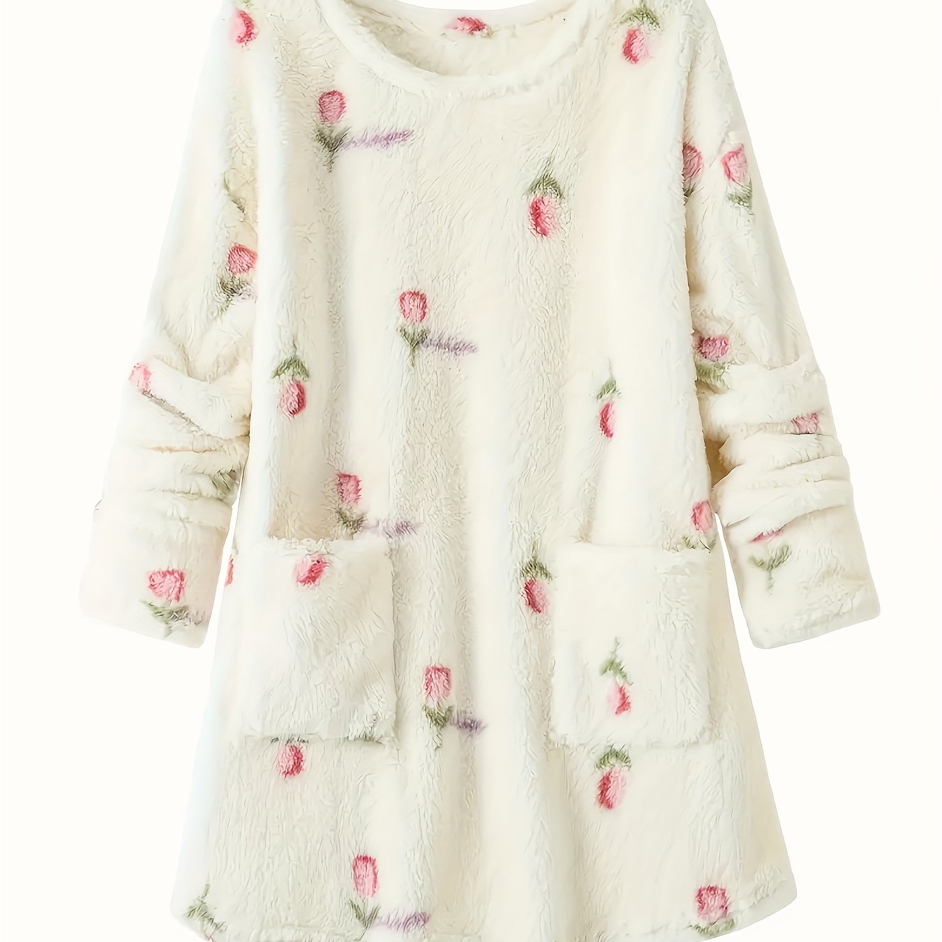 Robe de Nuit Molletonnée Femme Crème à Motifs Floraux Manches Longues