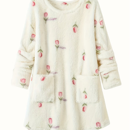 Robe de Nuit Molletonnée Femme Crème à Motifs Floraux Manches Longues