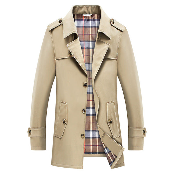 Klassisk ensfarget trenchcoat for menn med rutefôr