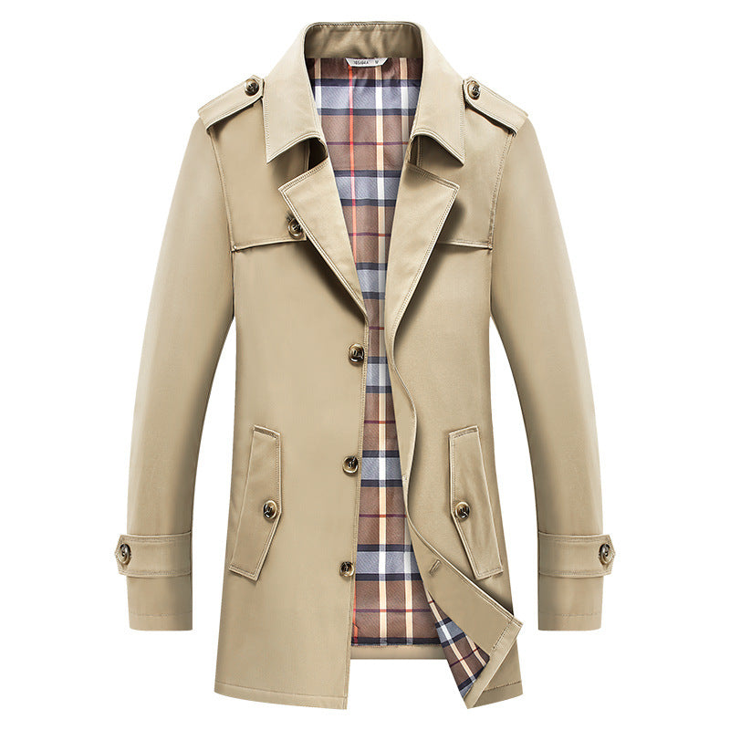 Klassischer einfarbiger Herren-Trenchcoat mit Karomuster-Futter