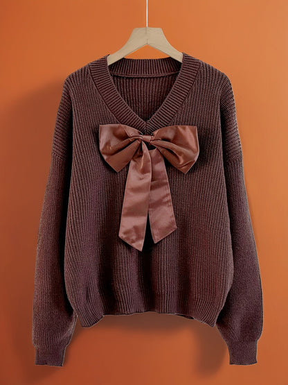 Pull en maille côtelée col V avec grand nœud décoratif pour femme