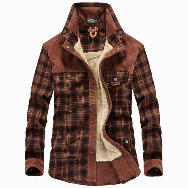 Men's plaid shirt jacket with fleece lining and corduroy panels