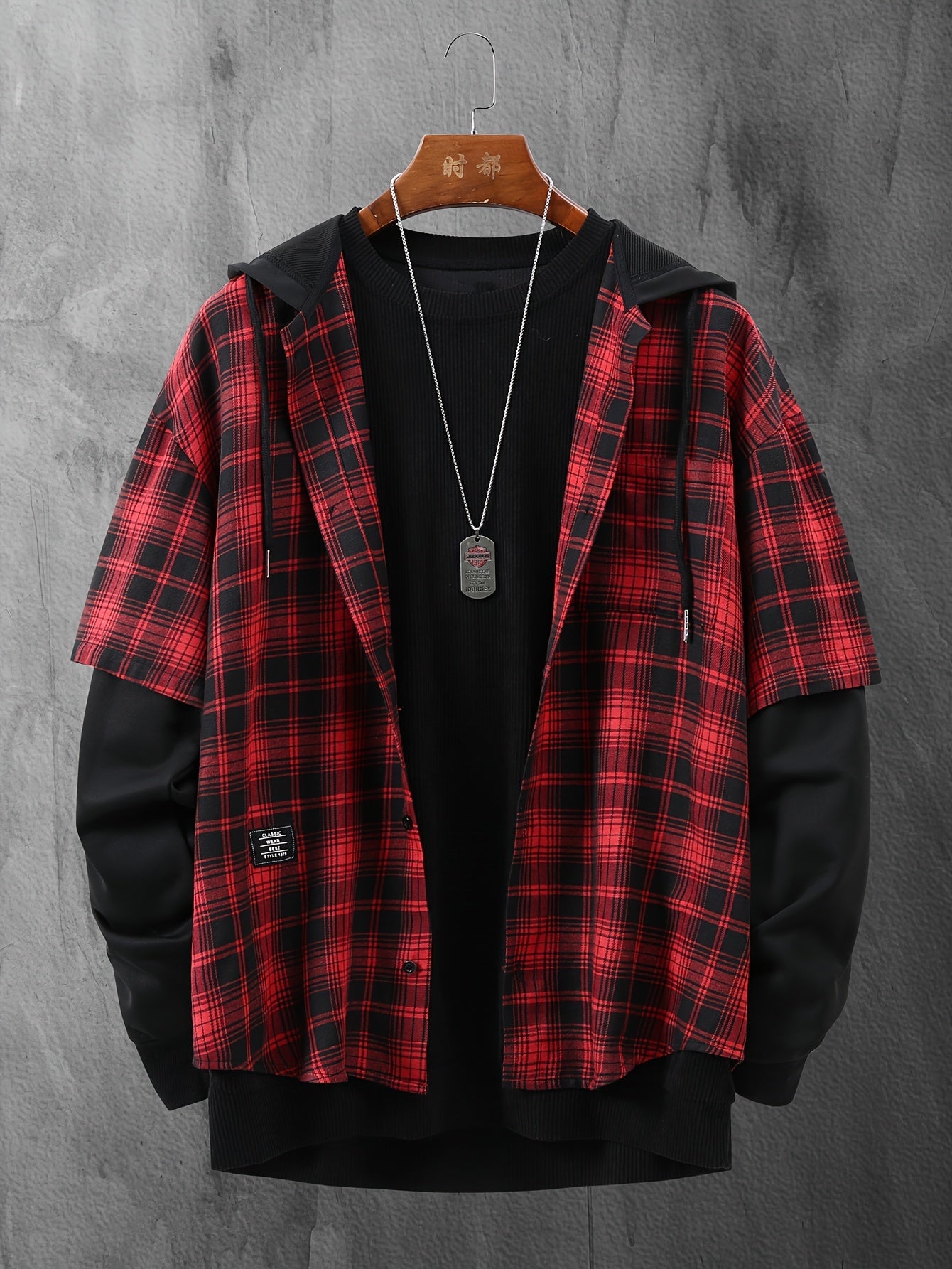 Veste à capuche pour homme motif carreaux rouge et noir style superposé