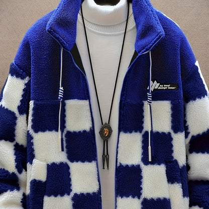 Veste Polaire Homme à Carreaux Bicolores Douce Col Montant Fermeture Éclair
