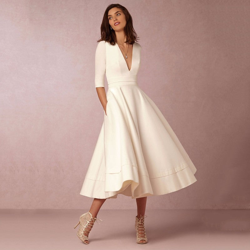 Elegantes Damen-Midikleid im Vintage-Stil mit halblangen Ärmeln für Hochzeit oder Abendveranstaltung