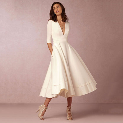 Elegantes Damen-Midikleid im Vintage-Stil mit halblangen Ärmeln für Hochzeit oder Abendveranstaltung